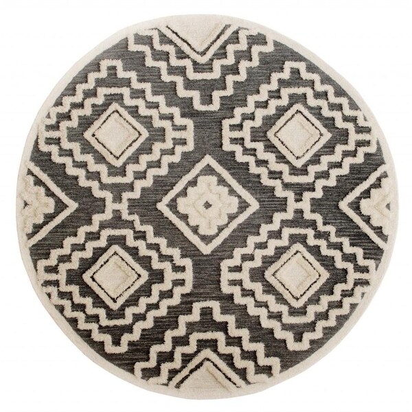 Homeroots 6 ft. Round Gray & Cream Geometric Area Rug 396179 - main